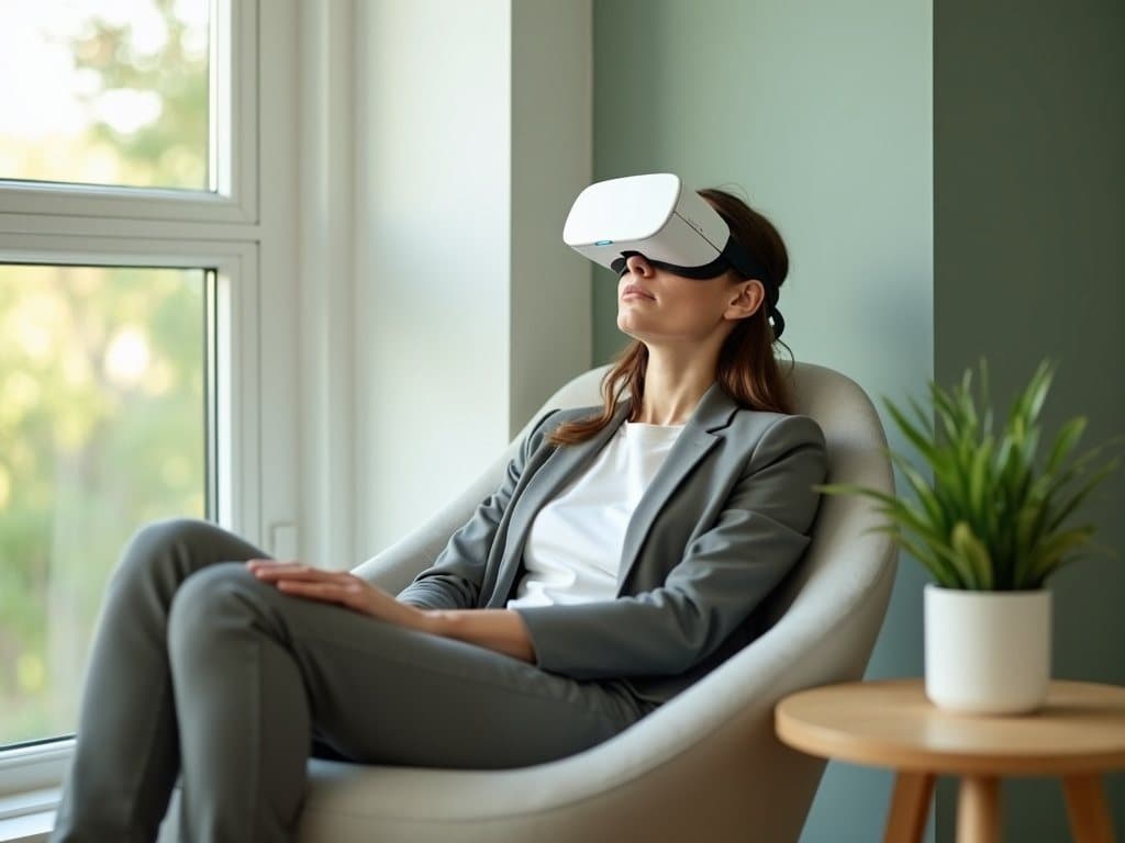 Person sitzt entspannt mit VR-Brille in einer ruhigen Ecke im Betrieb